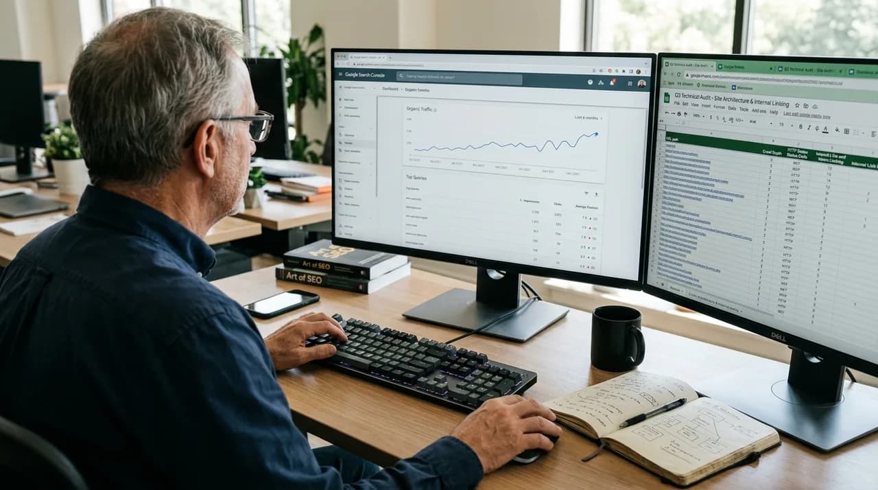 SEO strategist reviewing a local business search performance report at a desk