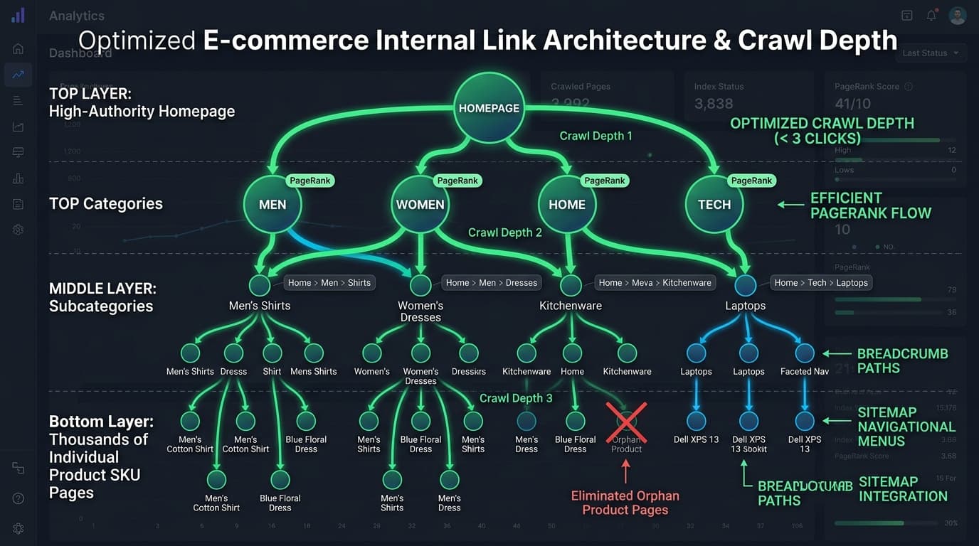 Optimized E-commerce Internal Link Architecture and Crawl Depth diagram showing PageRank flow from homepage through category tiers to individual SKU pages