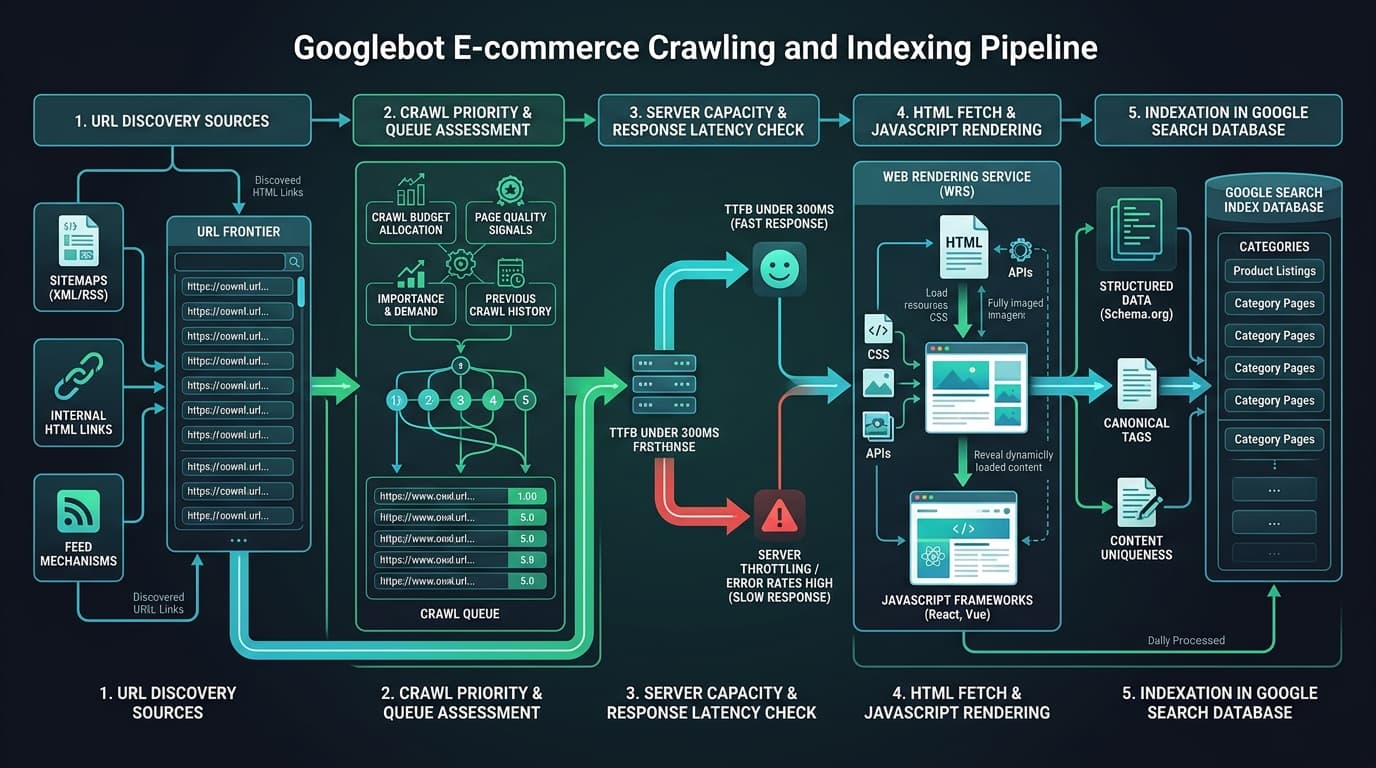 Googlebot E-commerce Crawling and Indexing Pipeline flowchart detailing URL discovery, crawl queue assessment, server TTFB check, and search indexation
