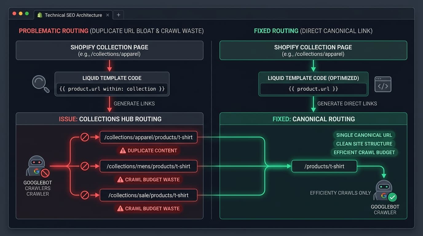 Shopify Liquid URL routing comparison diagram showing collection URL duplication trap on the left versus clean direct canonical product routing on the right