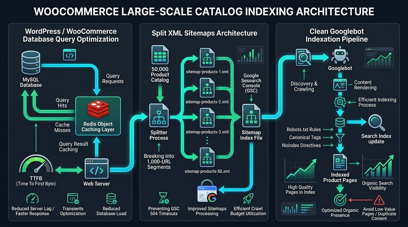 WooCommerce large-scale catalog indexing architecture showing Redis database caching, XML sitemap splitting into 1000-URL chunks, and clean Googlebot indexing pipeline