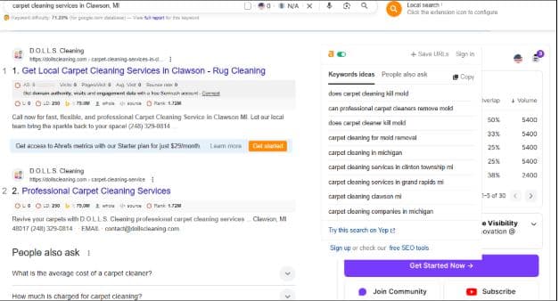 Google results for a Clawson, Michigan carpet cleaning search with the client in the top positions.