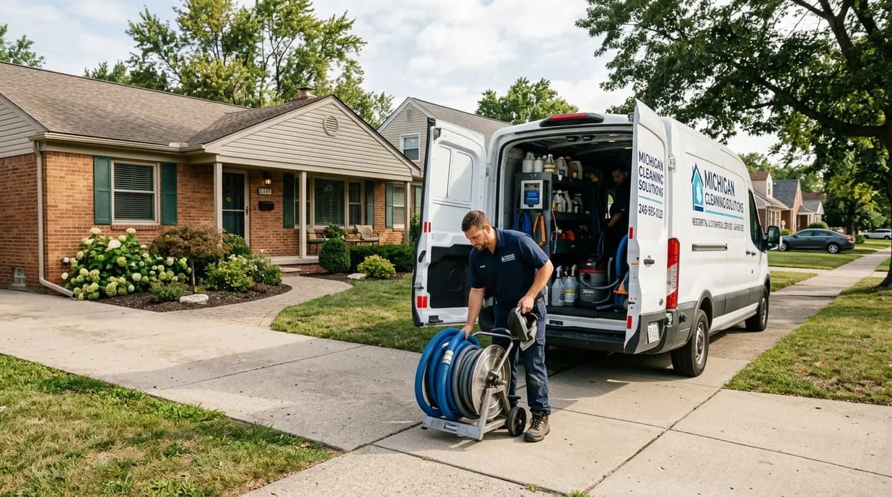 A local home-service team beside its service van in a neighborhood