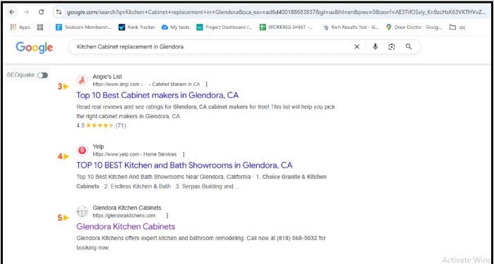 Google results showing the kitchen cabinets client in top positions.