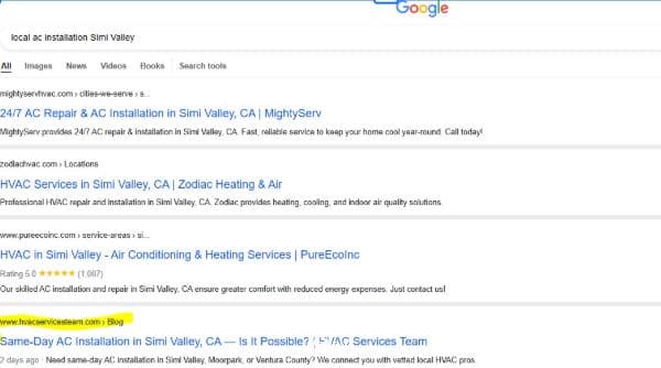 Google results showing HVAC Team on page one for its primary service keywords.