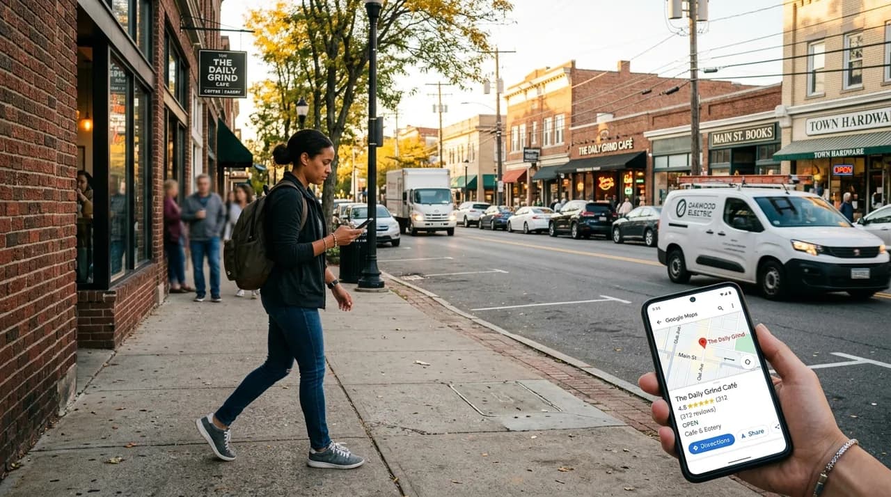A customer checking a local business listing on a phone outside a neighborhood storefront