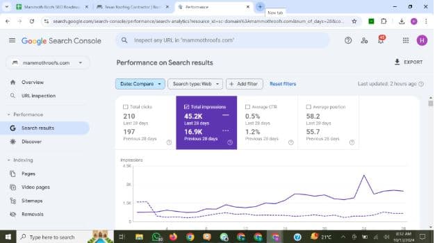 Google Search Console comparison for Mammoth Roofing.