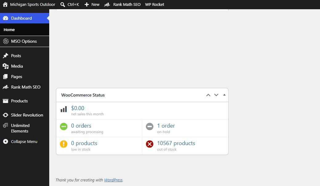 Michigan Outdoor Sports WooCommerce net sales panel on 20 July 2026, showing $0.00 net sales.