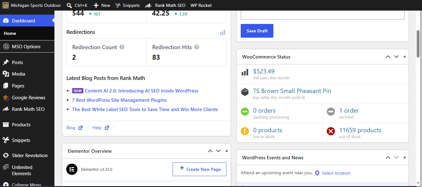 Michigan Outdoor Sports WooCommerce net sales panel on 25 September 2026, showing $523.49 net sales.