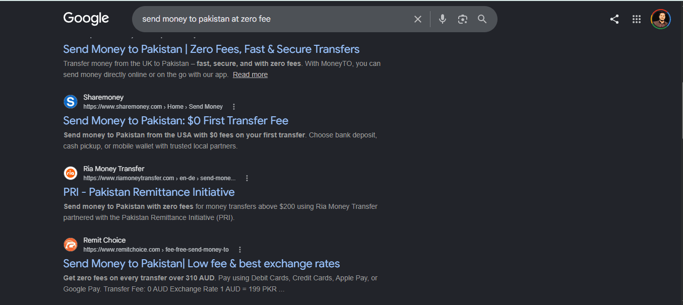 Google results for 'send money to pakistan at zero fee' with Remit Choice on page one alongside Sharemoney and Ria.