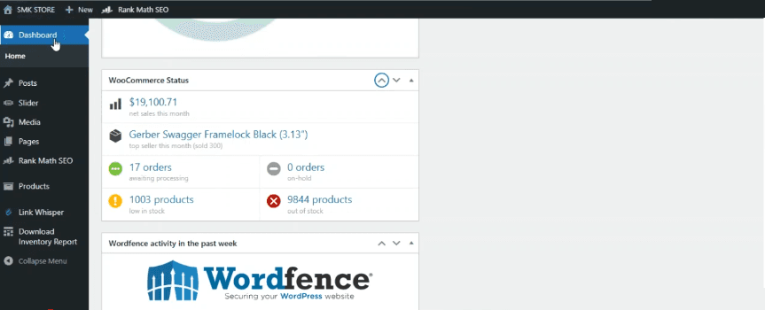 SMK Store WooCommerce dashboard for June 2026, showing $19,100.71 net sales for the month.
