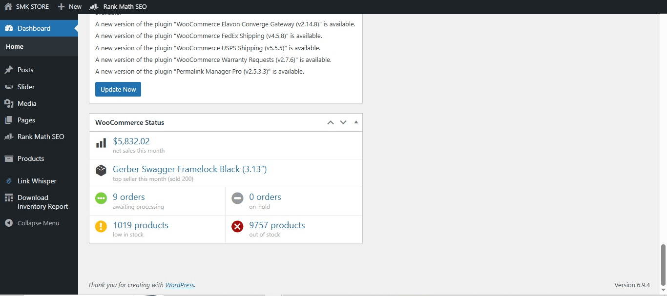 SMK Store WooCommerce dashboard for April 2026, showing $5,832.02 net sales for the month.