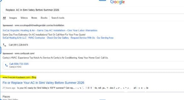 Google ranking screenshot for HVAC Team.