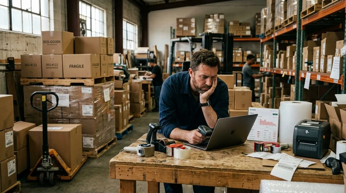 Ecommerce store owner in warehouse worried about unindexed product catalog and rising ad CAC