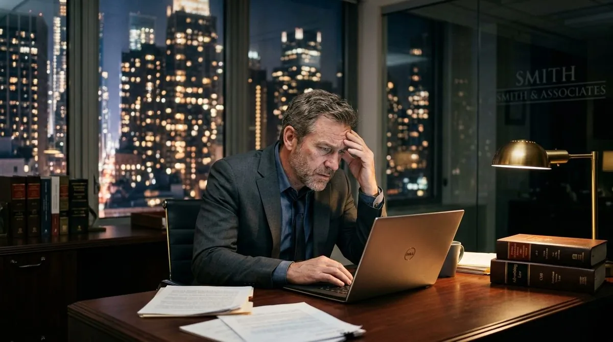 Attorney at law firm reviewing expensive Google Ads PPC campaign spend and zero retained cases late at night