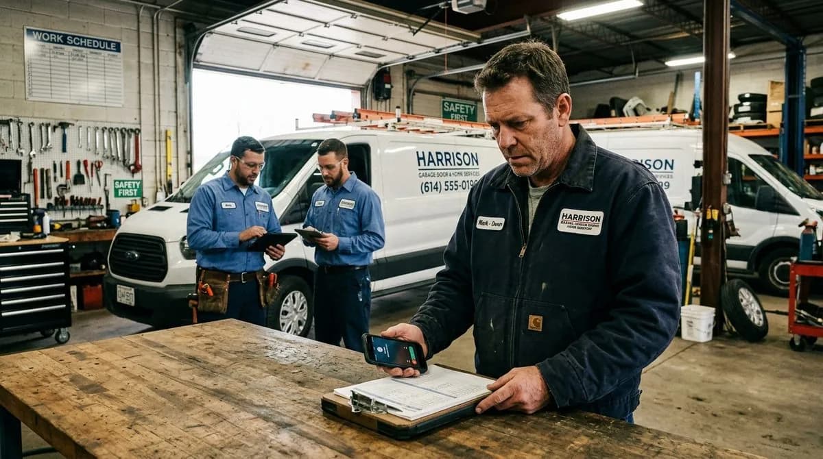 Local contractor and garage repair business owner waiting for incoming phone calls with idle service vans